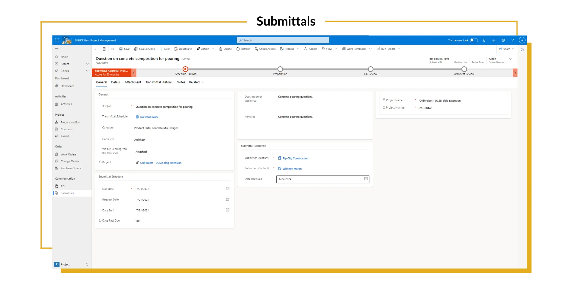The image shows the BUILDFitters Submittals dashboard
