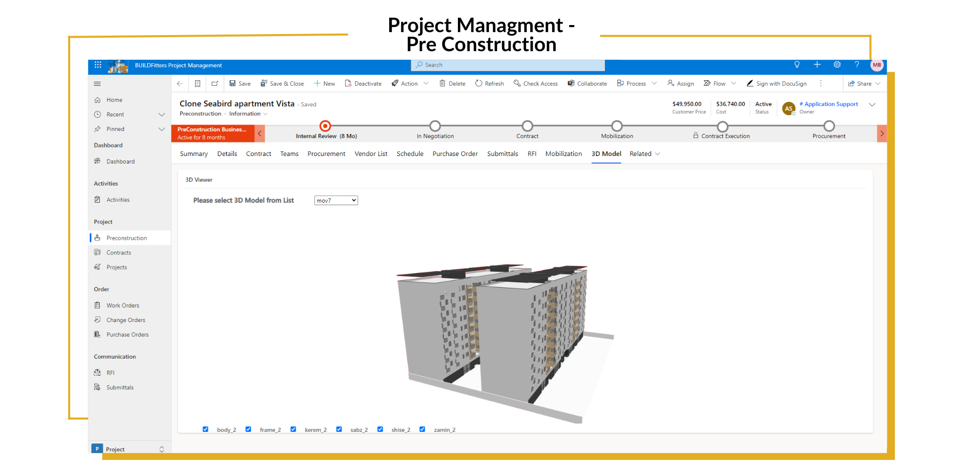The image shows the BUILDFitters Project Management pre-construction dashboard