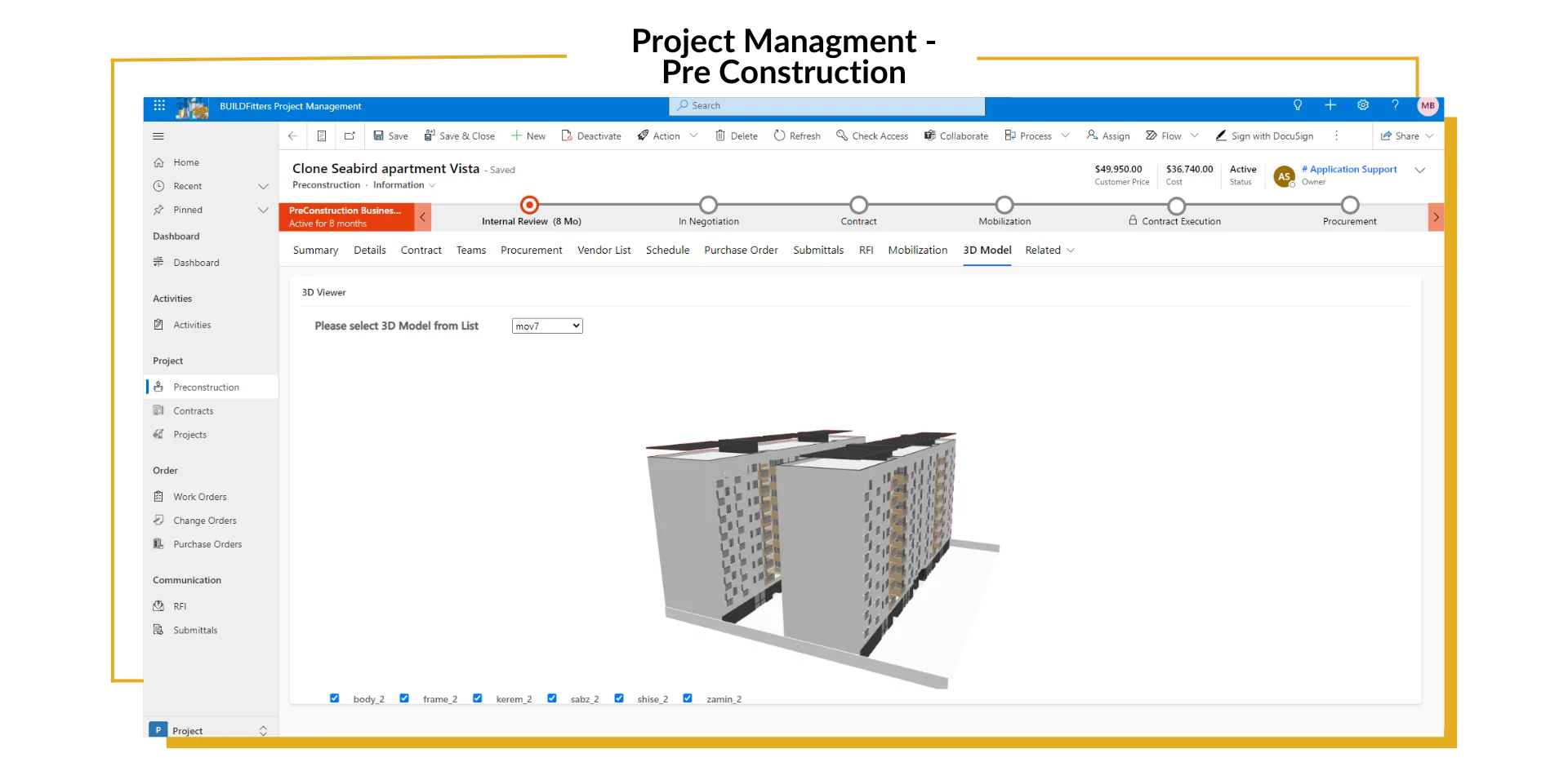 The image shows the BUILDFitters Project Management pre-construction dashboard